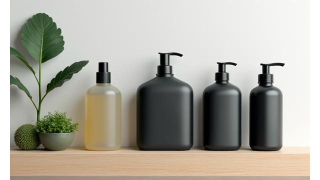 環境に優しい製品のボトルが並ぶミニマリストな写真