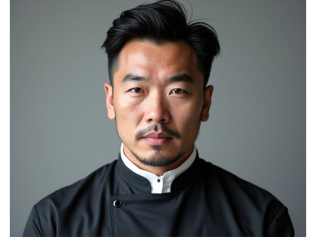 講師であるケンジ氏のポートレート。プロフェッショナルなバーバーの服装で、自信に満ちた表情。