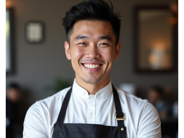 講師であるタケシ氏のポートレート。国際的なバーバーの服装で、笑顔。