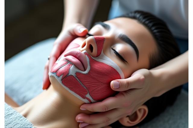 男性の顔の筋肉構造図と、セラピストが特定の顔筋をターゲットにマッサージしている様子を重ねたイメージ。精度の高さを表現。