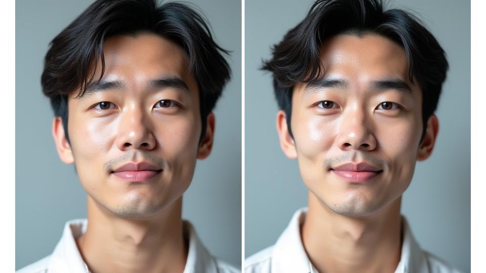 男性フェイシャルSPAの施術前後比較：むくみが解消され、顔色が明るくなり、フェイスラインがシャープになった日本人男性の顔