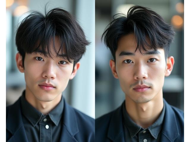 若い男性のビフォーアフター。重い髪型が軽やかで流行のスタイルに