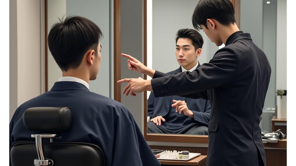 バーバーと顧客が鏡越しに話し合い、スタイルを相談している様子