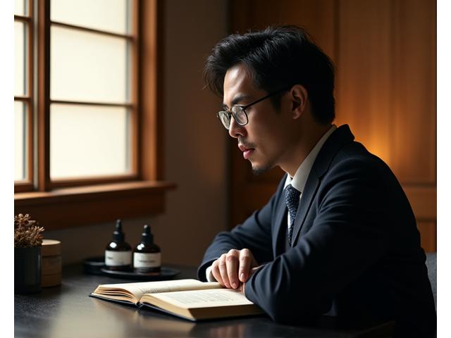 髭ケアに関する知識を学ぶ日本の男性が、書籍と髭ケア製品を見ている。