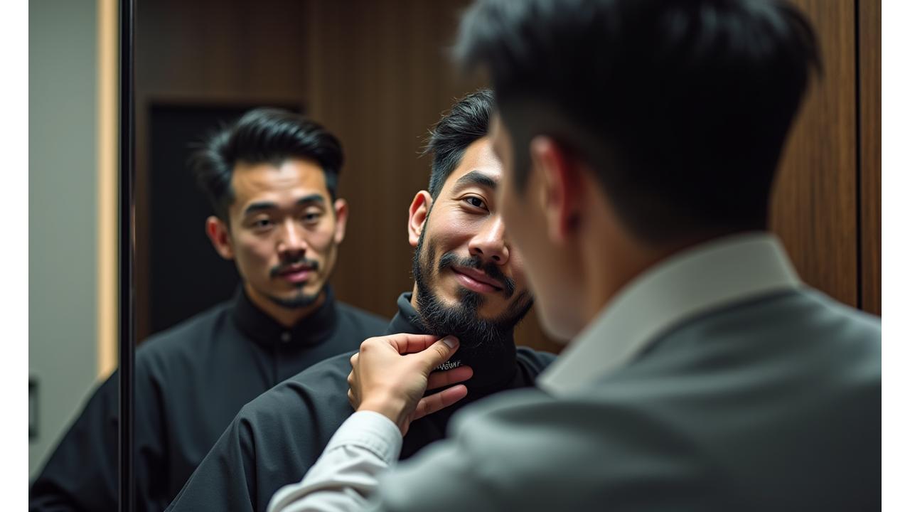 プロのバーバーが顧客の髭を丁寧に整えている様子。モダンで洗練された日本の男性が、自信に満ちた表情で鏡を見ている。