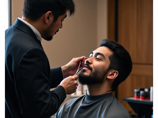 定期的な髭のメンテナンスを行うバーバーと顧客。