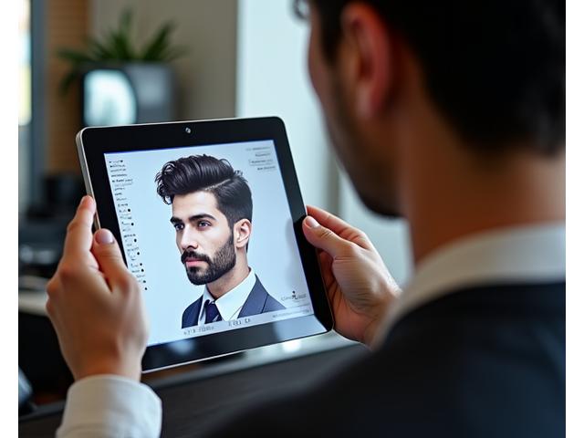 バーバーがタブレットを使って顧客の顔型を分析し、最適な髭のスタイルを提案している。