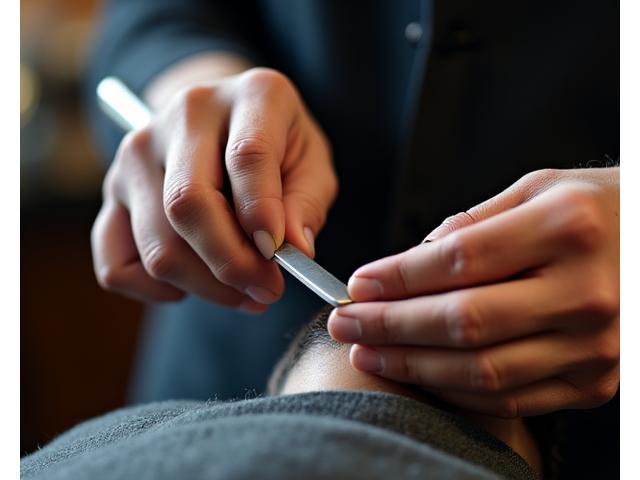 熟練の理容師が危険剃刀で丁寧にシェービングしている手元のクローズアップ。精密な技術が伝わる瞬間。