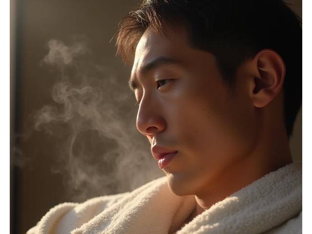 伝統的なシェービング技術のデモンストレーション動画のサムネイル。温かい蒸気が立ち上るタオルと危険剃刀が映し出されている。