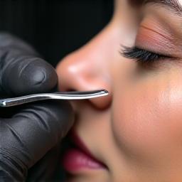 バーバーがお客様の肌に優しく危険剃刀を当てる手元のクローズアップ。穏やかで確かな技術が伝わる。